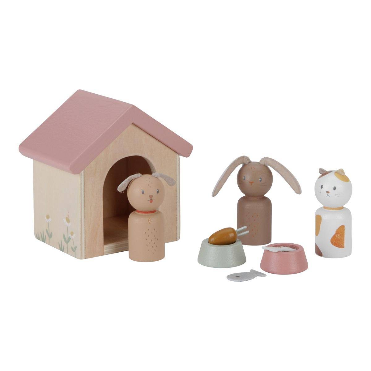 Little Dutch Puppenhaus Erweiterungsset Haustiere aus Holz – Set mit Hund, Katze, Kaninchen, Hundehütte, Futternäpfen und Zubehör ab 3 Jahren