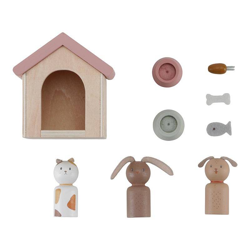 Puppenhaus Haustiere Erweiterungsset von Little Dutch – Holzfiguren mit Hund, Katze, Kaninchen und passendem Tierzubehör
