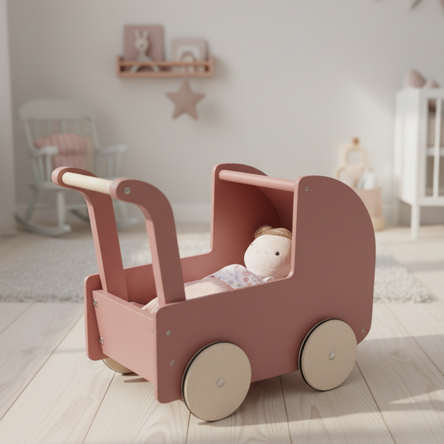 Holz-Puppenwagen mit Kissen, Decke und Bettwäsche im Kinderzimmer