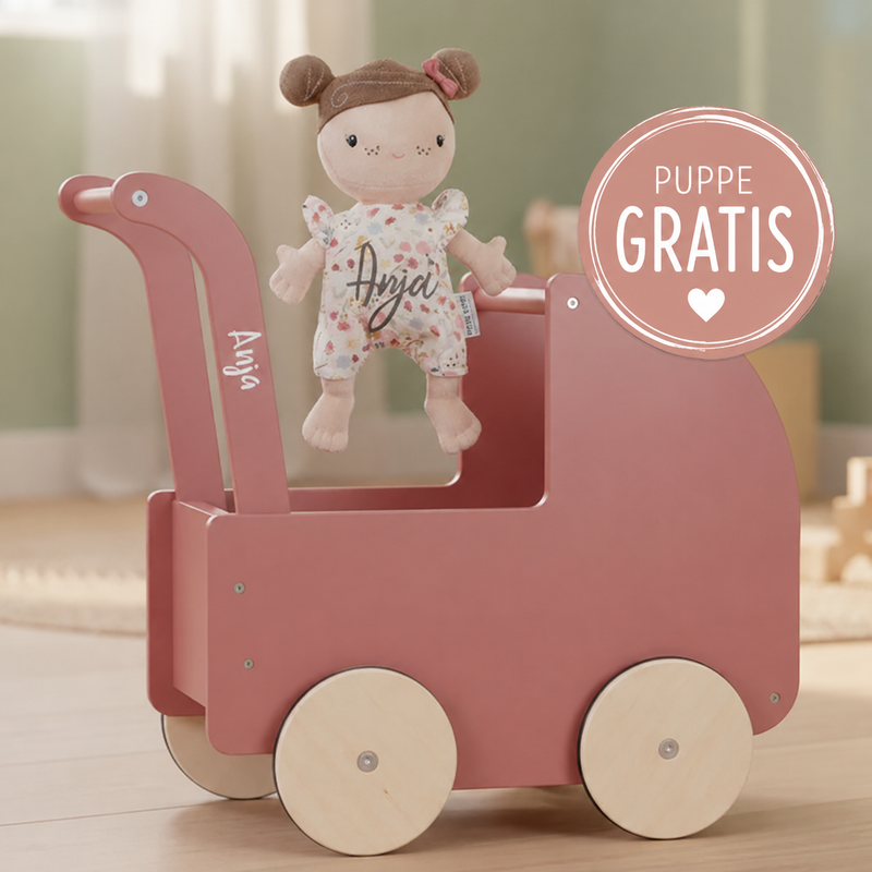 Rosa Holzpuppenwagen mit Stoffpuppe und personalisiertem Namen