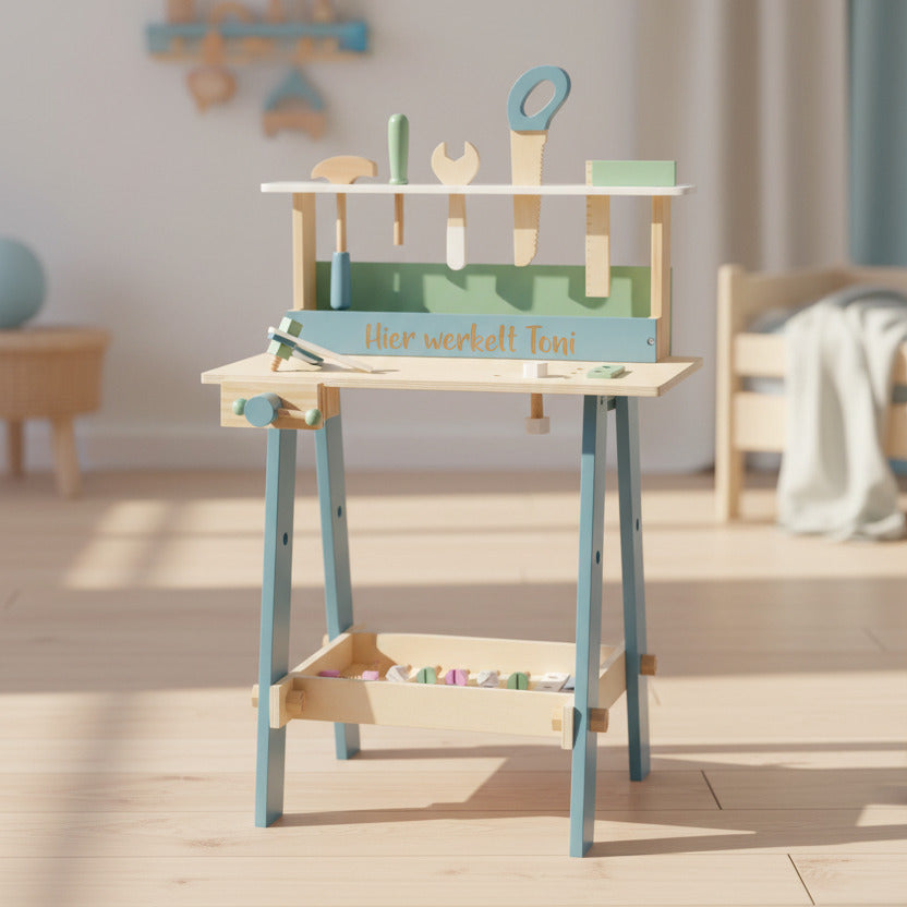 small foot Werkbank Nordic aus Holz blau mint personalisierbar