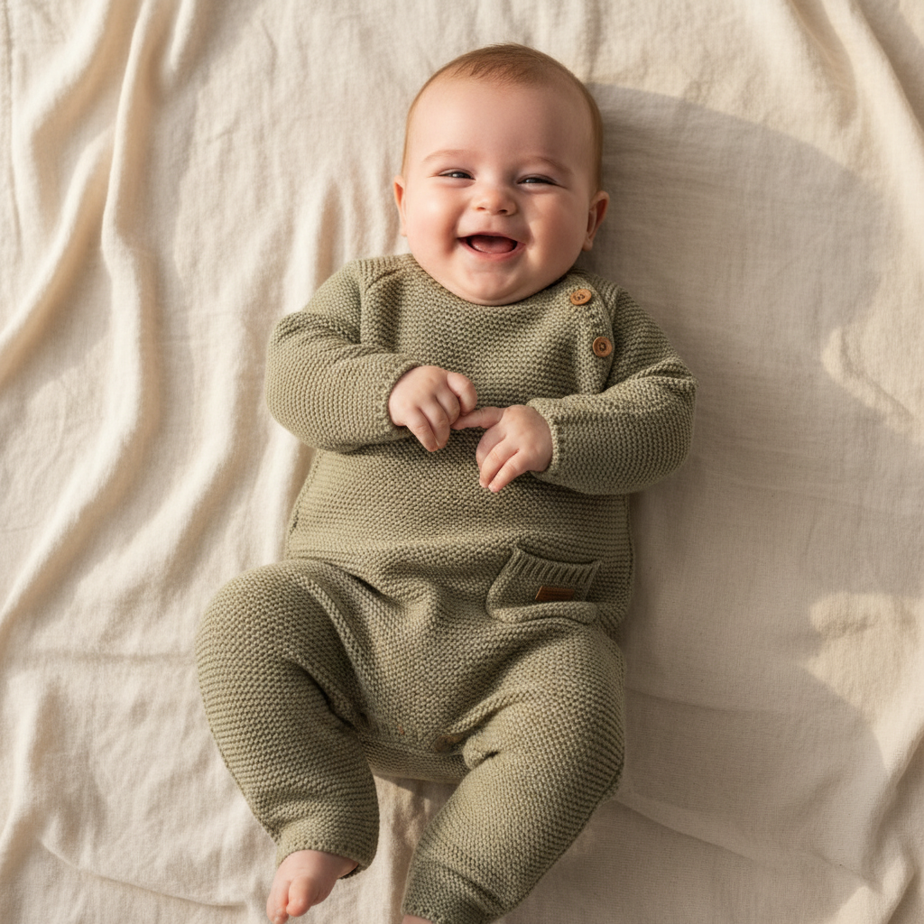 Little Dutch Strick-Strampler Sailors Bay Olive – Vorderansicht