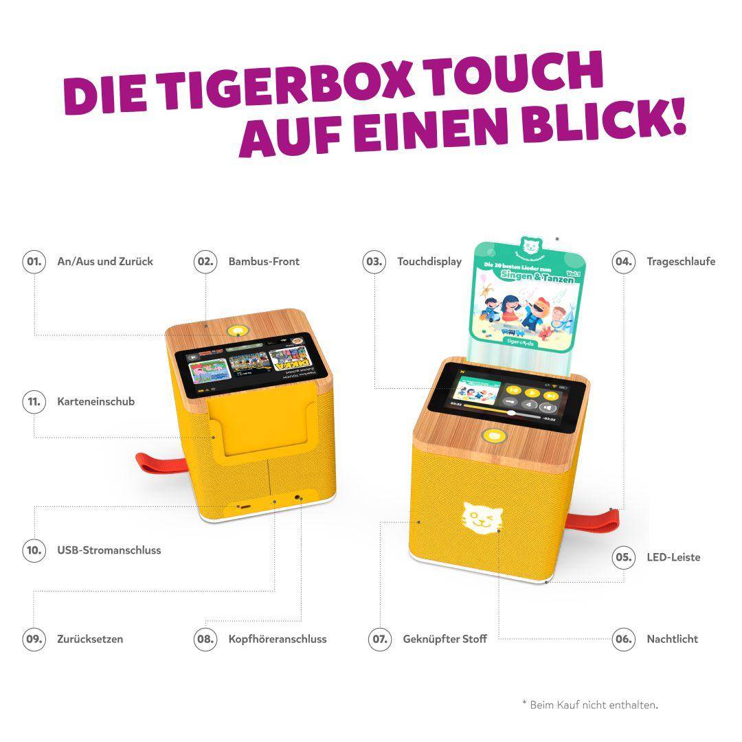tigerbox TOUCH PLUS Gelb – Detailansicht der Kinder-Hörbox mit Bluetooth, Touchscreen und kinderfreundlichem Streaming-Dienst