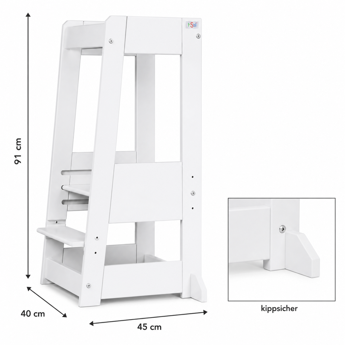 Produktdetailbild des weißen tiSsi Lernturm Felix mit Maßen 40 x 91 x 45 cm und Detailansicht des kippsicheren Standfußes