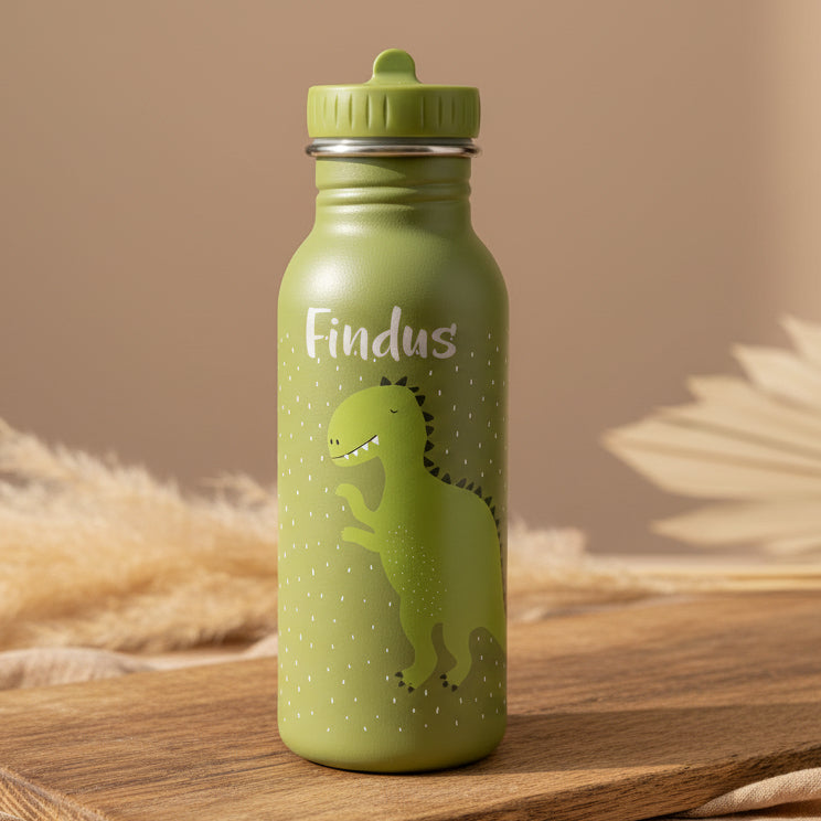 Personalisierte Trixie Trinkflasche Herr Dino 500 ml in Grün mit Name – Edelstahl-Kinderflasche für Kita, Schule und Ausflüge