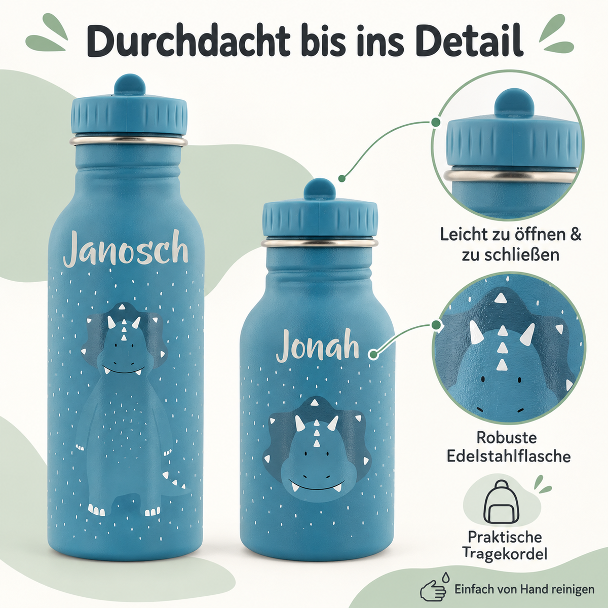 Petrolblaue Trixie Trinkflaschen Herr Triceratops mit den Namen Janosch und Jonah in 500 ml und 350 ml mit Nahansichten von Verschluss und Tiermotiv sowie Pflegehinweis