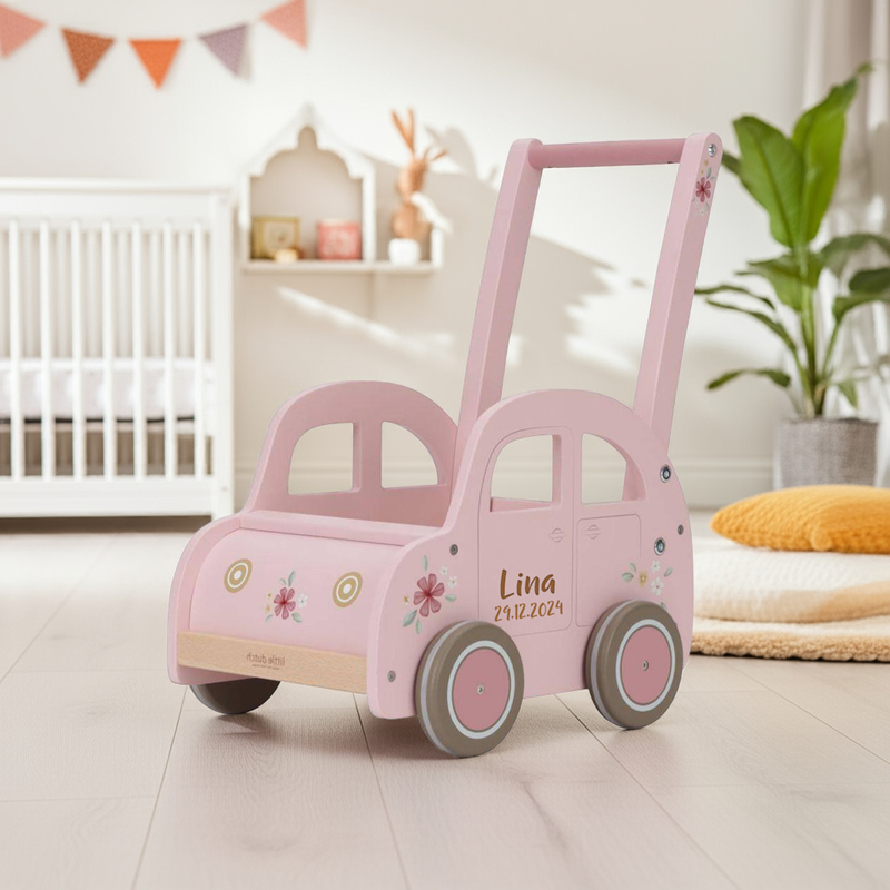 Loopwagen roze personaliseerbaar met naam & geboortedatum